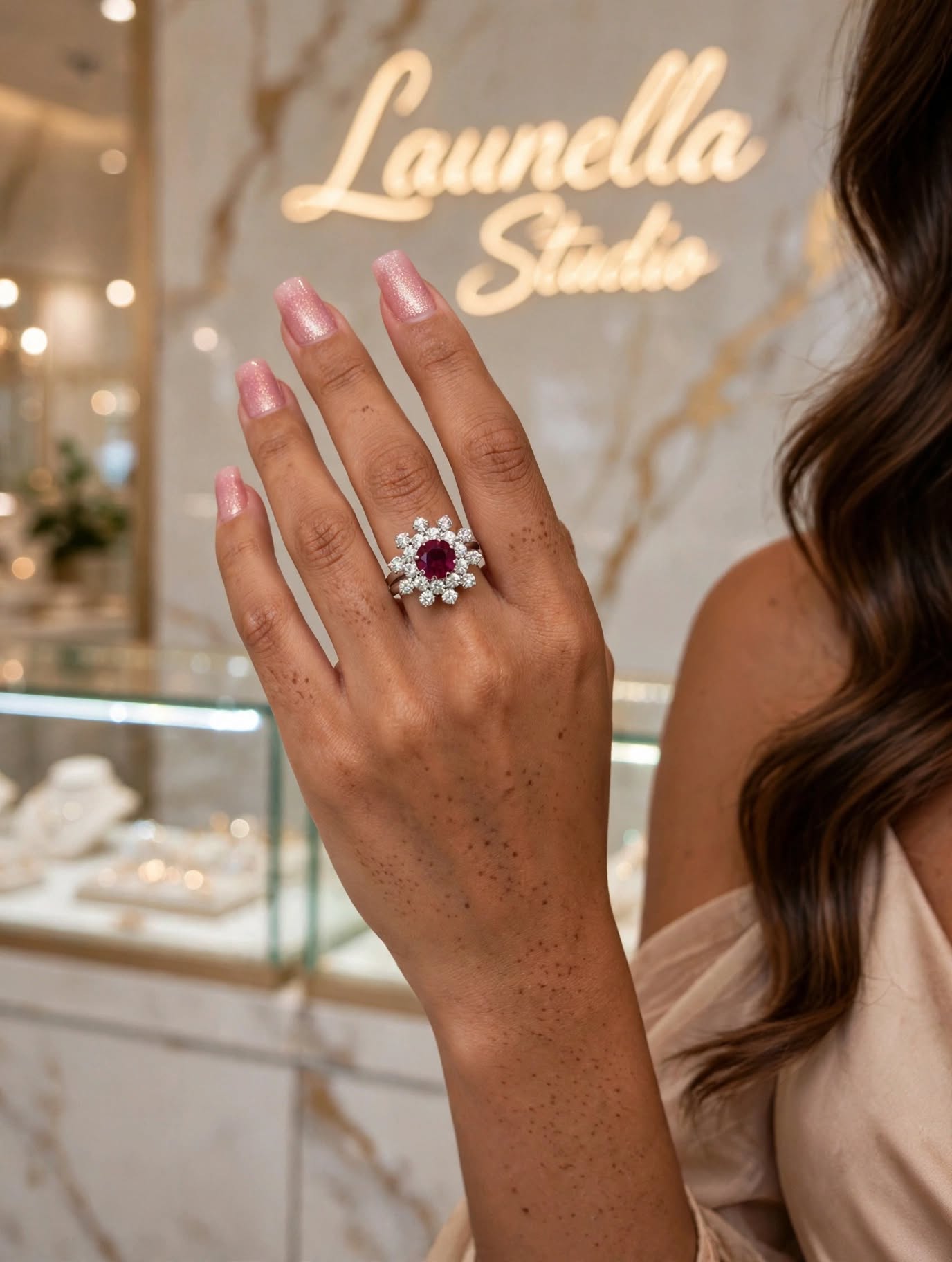 Anel cocktail roseta zircónia vermelho rubi duplo halo banho ródio Rommanel no dedo anelar mão pele morena unhas nude mármore dourado vitrine Launella Studio bokeh dourado topo