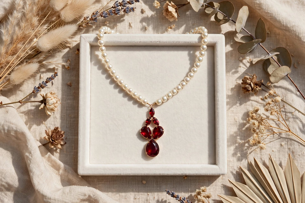Colar Pérolas Brancas Pingente Cristal Vermelho Rommanel