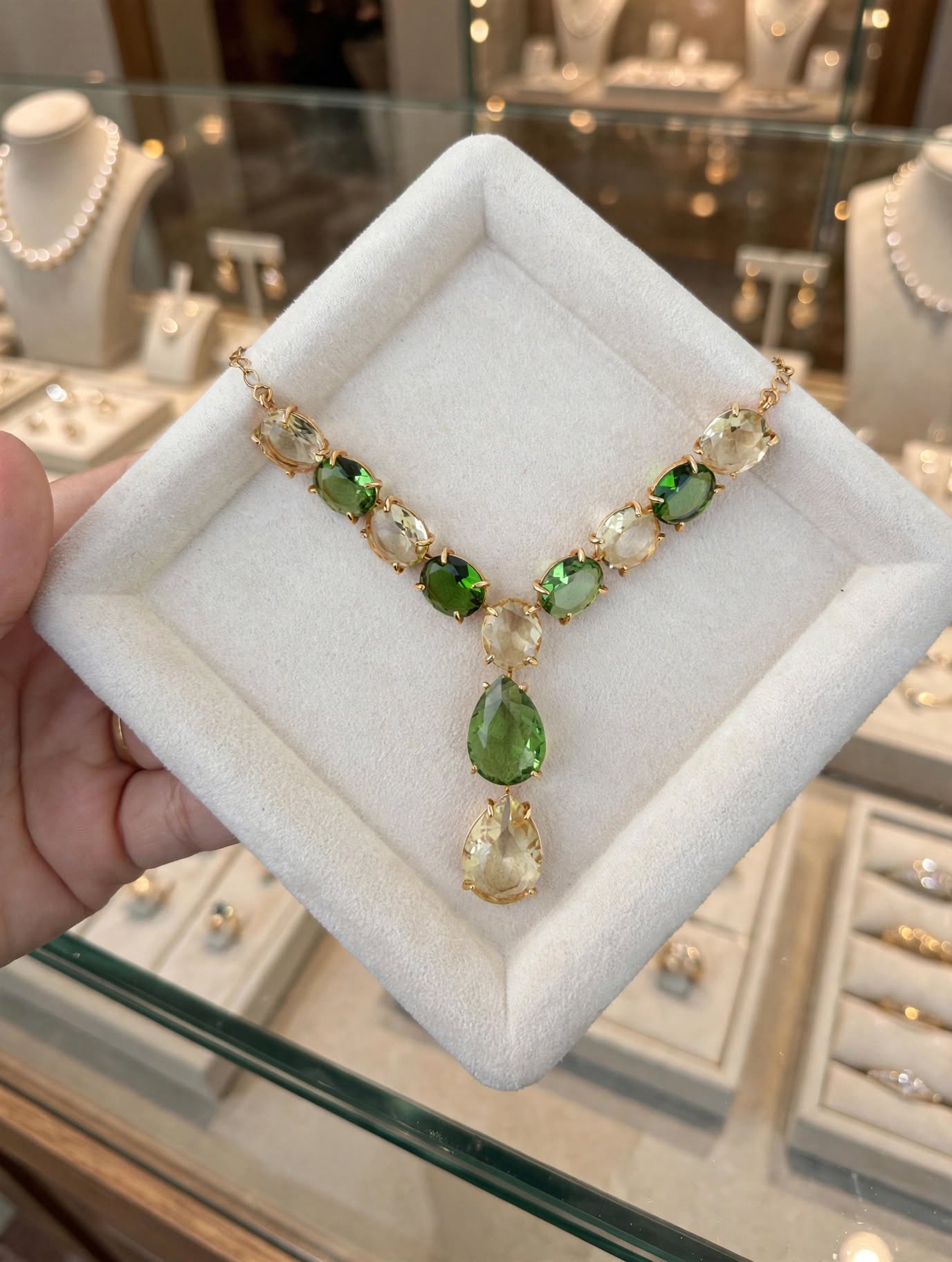 Colar Riviera Y-Drop Bicolor Pedras Ovais Cristal Verde Esmeralda Champanhe Rommanel